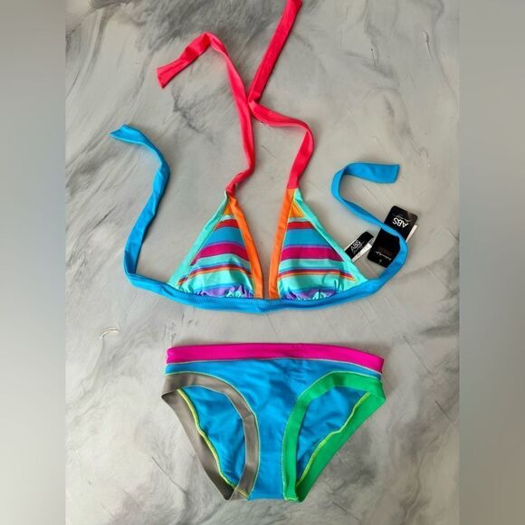 NWT New ABS ALLEN SCHWARTZ Colorblock Rainbow Stripe Triangle Bikini M 8 10. - Picture 1 of 5
